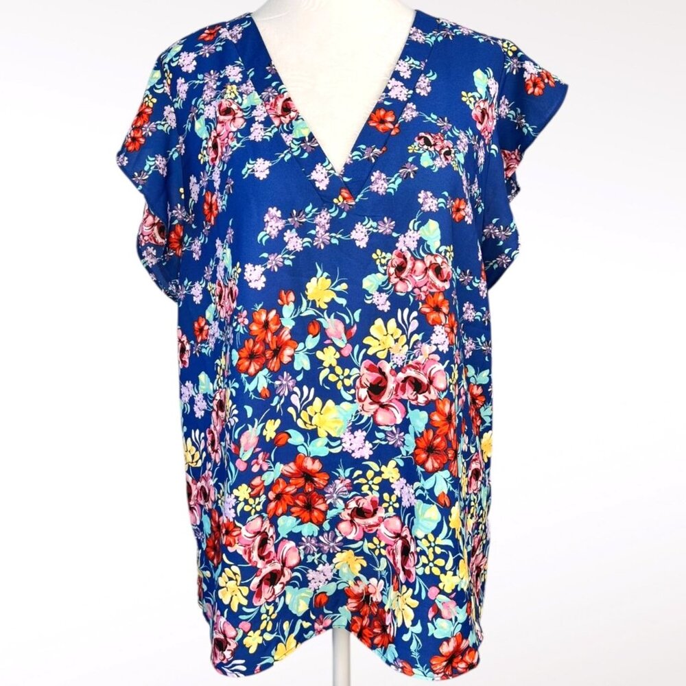 Rachel Roy V Neck Floral Blouse Blue Short Sleeve Top Size Large
